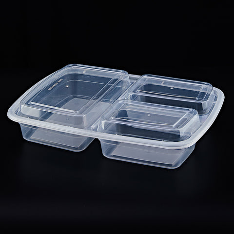 HYF 323C | 3 compartment 39 oz Rectangular Microwavable Food Containers, Clear Base& Clear Lids ø9.5"×7.5"×2" - 150 SETs