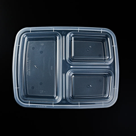 HYF 323C | 3 compartment 39 oz Rectangular Microwavable Food Containers, Clear Base& Clear Lids ø9.5"×7.5"×2" - 150 SETs