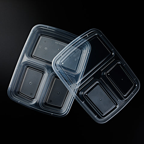 HYF 323C | 3 compartment 39 oz Rectangular Microwavable Food Containers, Clear Base& Clear Lids ø9.5"×7.5"×2" - 150 SETs