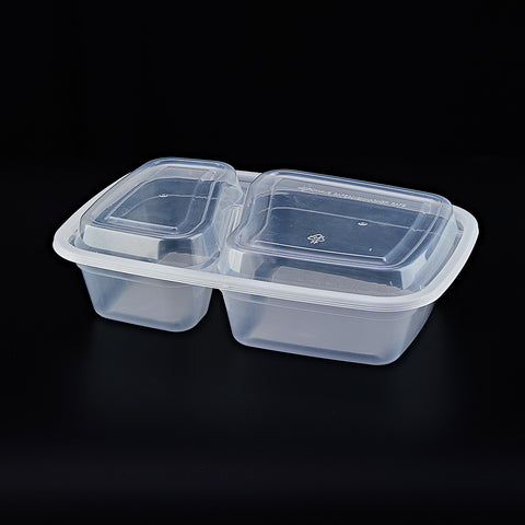 9828-32C | 32 oz Rectangular 2 compartment Microwavable Food Containers, Clear Base& Clear Lids ø8.5"×6"×1.75" - 150 SETs