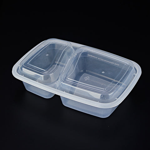 9828-32C | 32 oz Rectangular 2 compartment Microwavable Food Containers, Clear Base& Clear Lids ø8.5"×6"×1.75" - 150 SETs