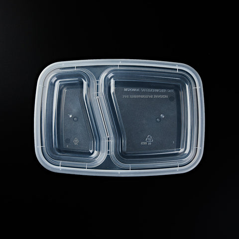 9828-32C | 32 oz Rectangular 2 compartment Microwavable Food Containers, Clear Base& Clear Lids ø8.5"×6"×1.75" - 150 SETs