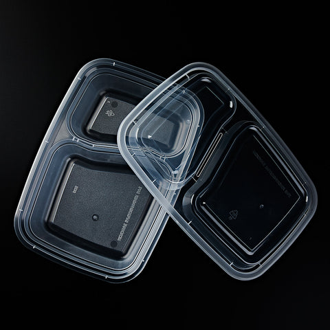 9828-32C | 32 oz Rectangular 2 compartment Microwavable Food Containers, Clear Base& Clear Lids ø8.5"×6"×1.75" - 150 SETs