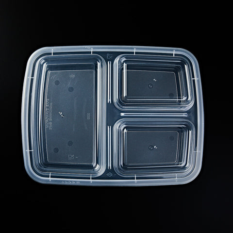 HYF 323C | 3 compartment 39 oz Rectangular Microwavable Food Containers,  Clear Base& Clear Lids ø9.5"×7.5"×2" - 150 SETs