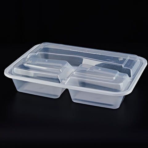 RC 6362C | 39 oz Rectangular 3 compartment Microwavable Food Containers, Clear Base& Clear Lids ø9.5"×7.5"×2" - 150 SETs