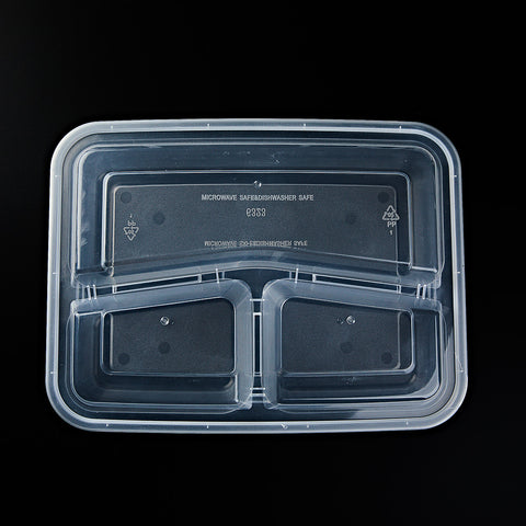 RC 6362C | 39 oz Rectangular 3 compartment Microwavable Food Containers, Clear Base& Clear Lids ø9.5"×7.5"×2" - 150 SETs