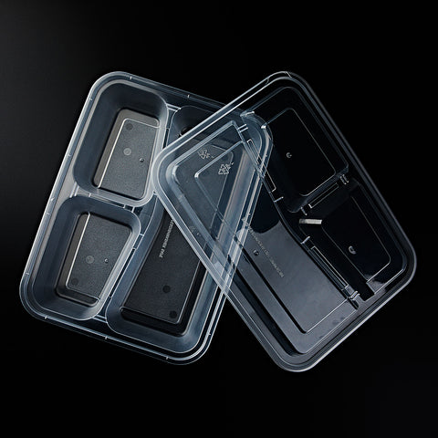 RC 6362C | 39 oz Rectangular 3 compartment Microwavable Food Containers, Clear Base& Clear Lids ø9.5"×7.5"×2" - 150 SETs